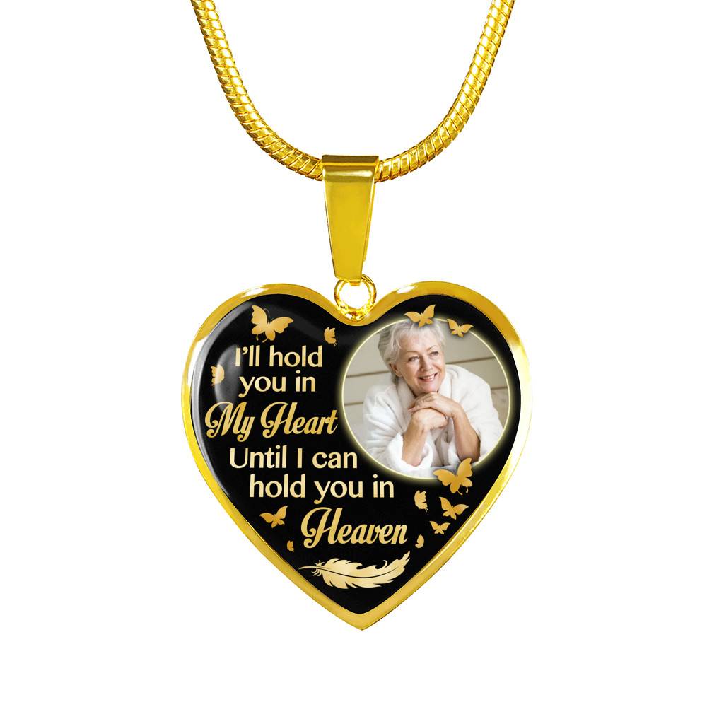 Custom Photo I'll Hold You In My Heart Until I Can Hold You In Heaven Feather Butterfly Memorial Heart Pendant Necklace