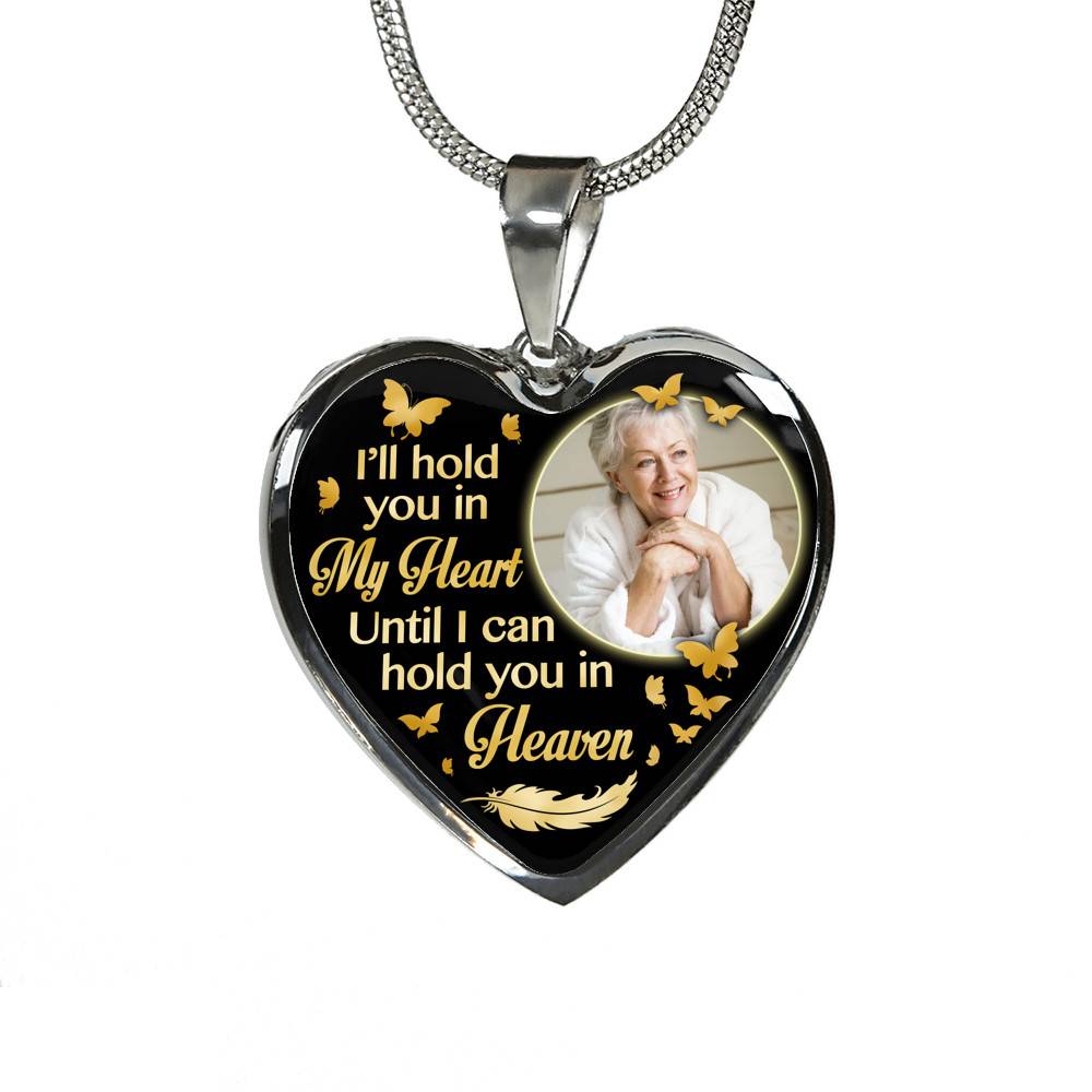 Custom Photo I'll Hold You In My Heart Until I Can Hold You In Heaven Feather Butterfly Memorial Heart Pendant Necklace