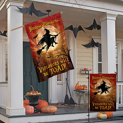 Alternative view of Broom Parking Violators Will Be Toad Halloween Witch Outdoor Indoor Garden Flag - House Flag - Wall Flag