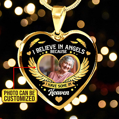Alternative view of I Believe in Angels Because I Have Some in Heaven Personalized Photo Heart Pendant Necklace