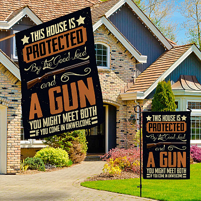 Alternative view of This House Is Protected By The Good Lord And A Gun Flag - Gun Warning Garden Flag - House Flag - Wall Flag
