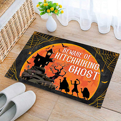 Alternative view of Beware of Hitchhiking Ghosts Doormat - Funny Halloween Indoor Outdoor Decorative Doormat