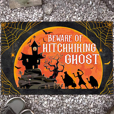 Beware of Hitchhiking Ghosts Doormat - Funny Halloween Indoor Outdoor Decorative Doormat