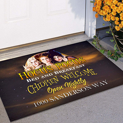 Alternative view of Hocus Pocus Bed And Breakfast Outdoor Indoor Doormat - Funny Halloween Door Mat - Sanderson Sisters Rug