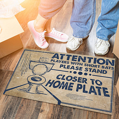 Alternative view of Attention Players With Short Bats Please Stand Closer To Home Plate Funny Baseball Restroom Outdoor Indoor Toilet Doormat