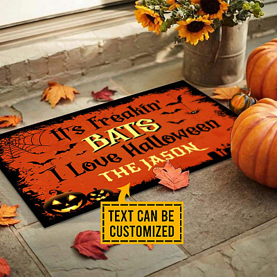 Custom Family Name It's Freakin' Bats I Love Halloween House Doormat - Halloween Outdoor Indoor Doormat