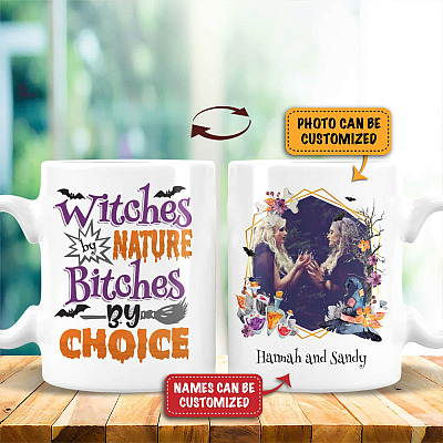 Personalized Bestie Name Witches By Nature Bitches By Choice Double-Sided Ceramic Coffee Mug - Matching Best Friend Halloween Mug