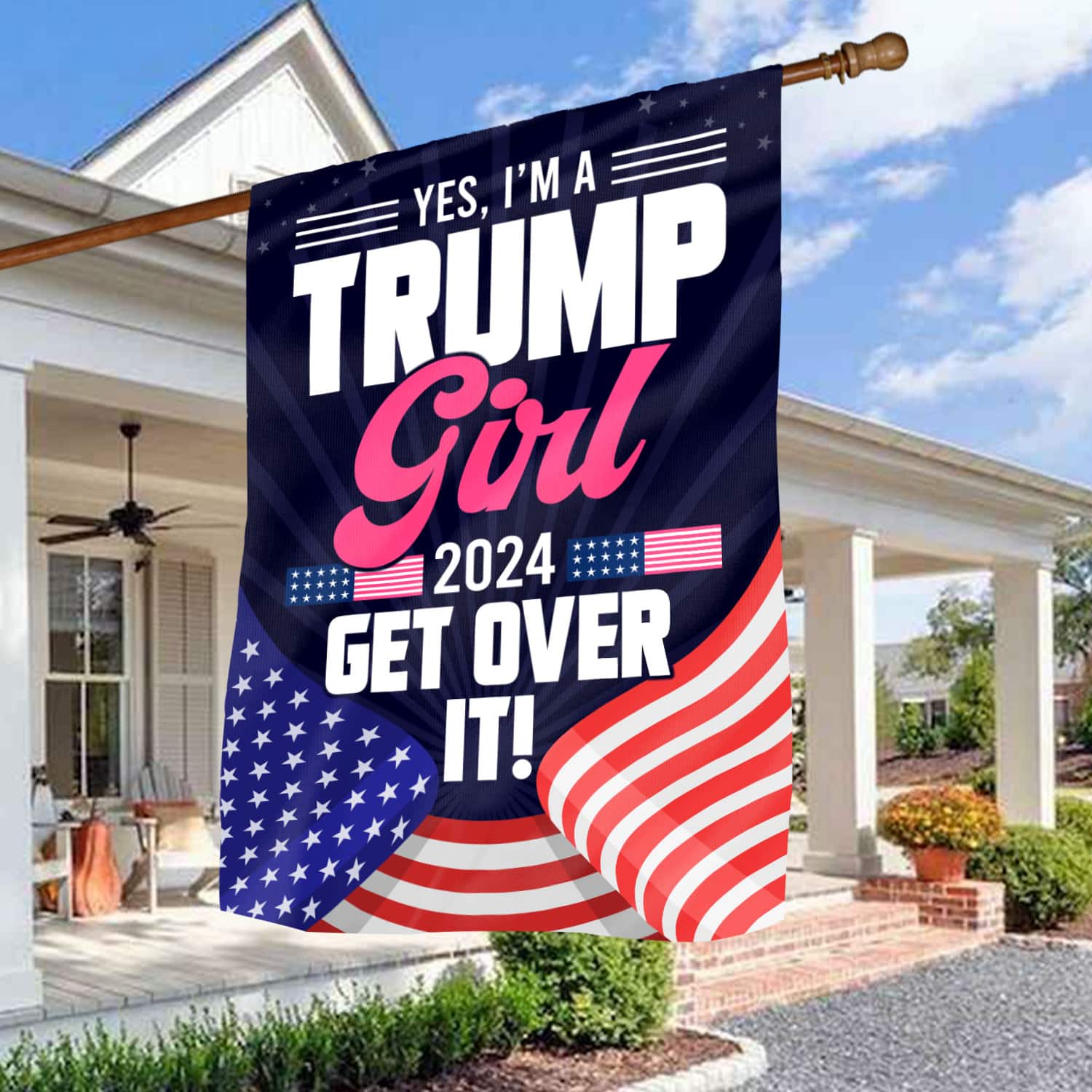 8KNG. trump girl 2024 - 30x40 House Flag Mockup 3