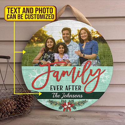 Alternative view of Personalized Family Ever After Circle Wooden Door Sign - Customized Family Name and Photo Door Sign - Christmas Decoration Gift
