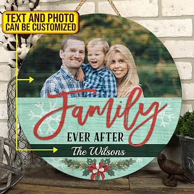 Personalized Family Ever After Circle Wooden Door Sign - Customized Family Name and Photo Door Sign - Christmas Decoration Gift
