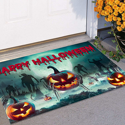 Alternative view of Happy Halloween Bat Zombie Outdoor Indoor Doormat - Spooky Horror Pumpkin Jack O Lantern Door Mat Rug