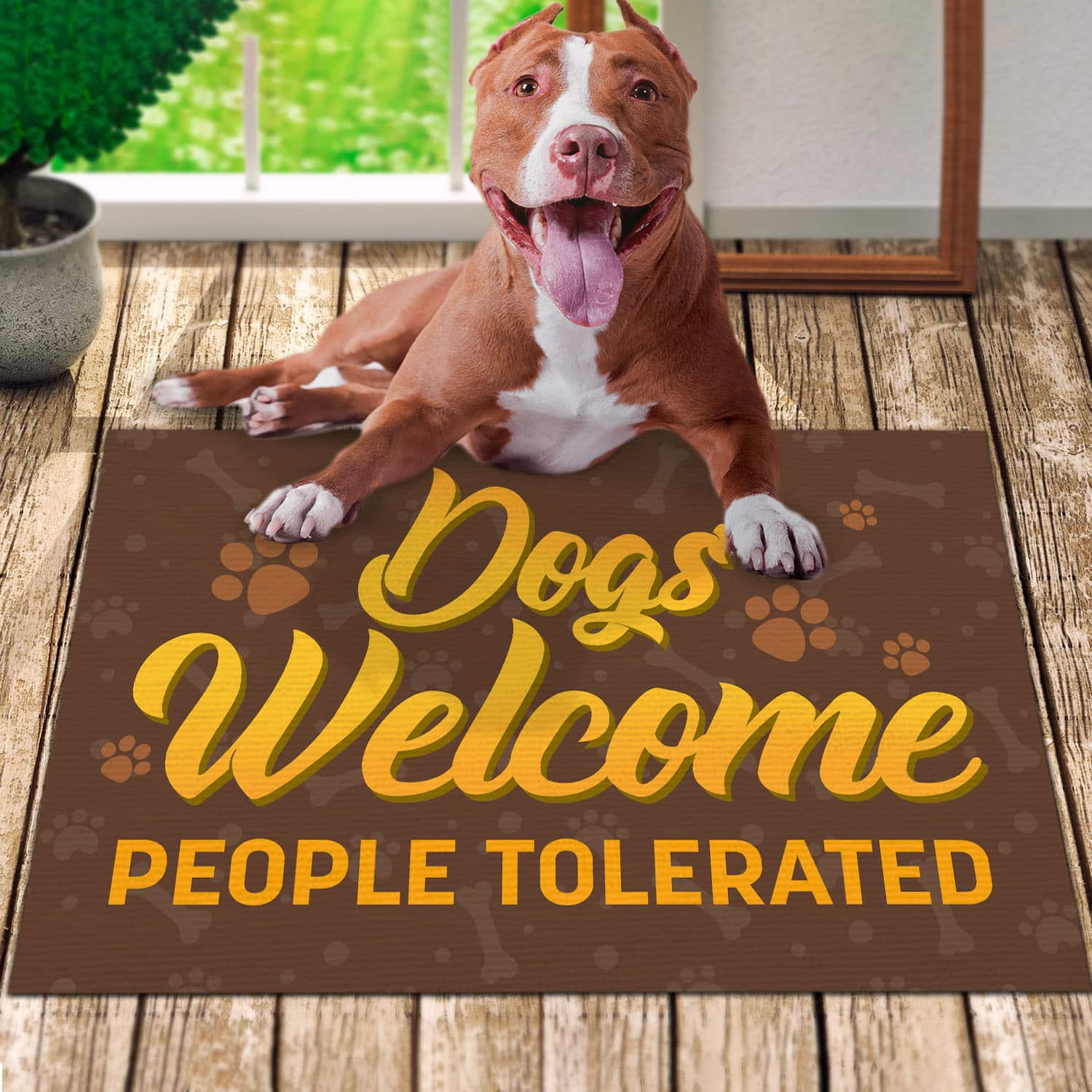 6BN. Dogs Welcome Pitbull Doormat Mockup