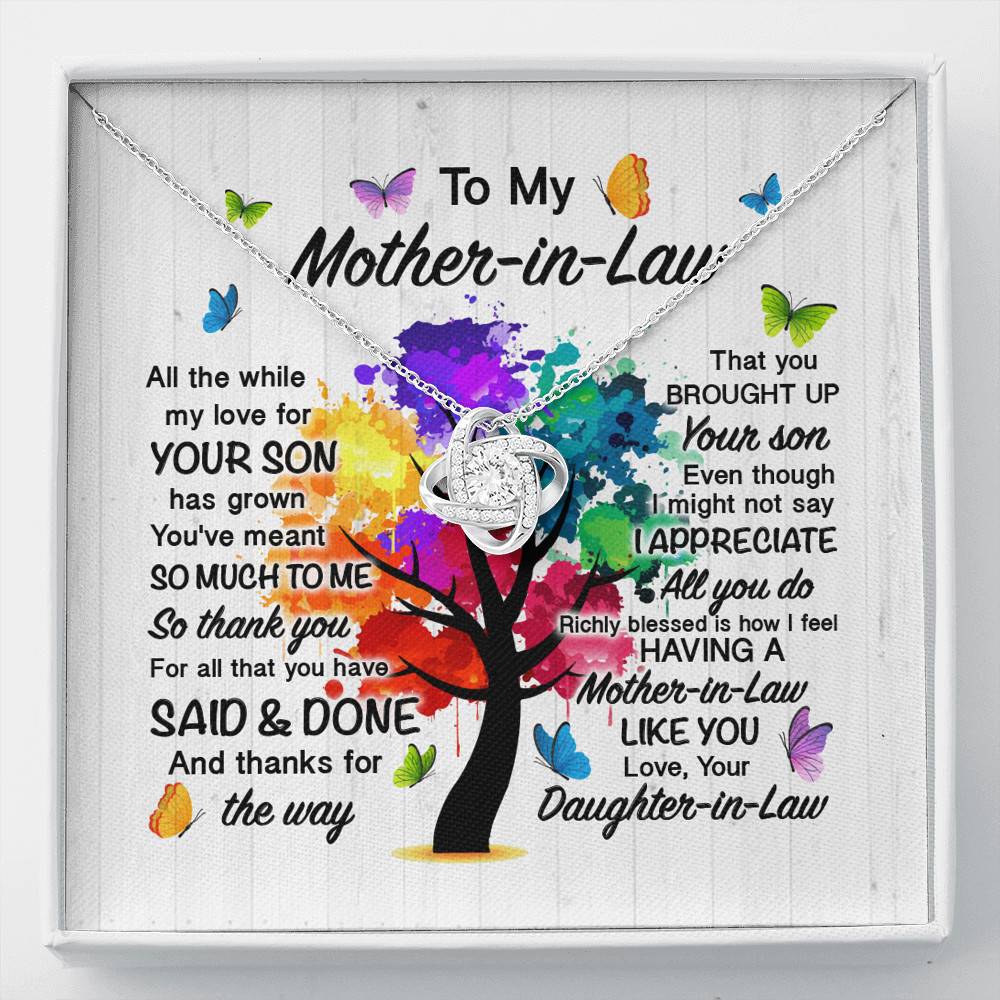 To My Mother In Law All The While My Love For Your Son Has Grown Forever Love Heart Pendant Necklace - Love Knot Necklace