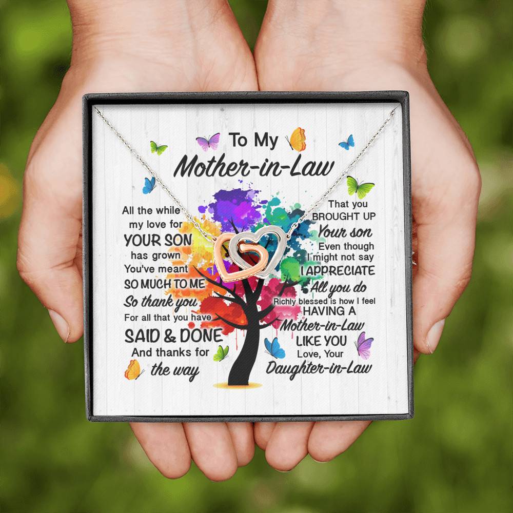 To My Mother In Law All The While My Love For Your Son Has Grown Interlocking Hearts Pendant Necklace