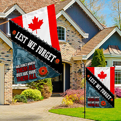 Alternative view of Lest We Forget Canada Veteran We Don't Know Them All But We Owe Them All Poppy Garden Flag - House Flag