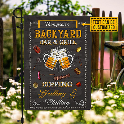 Personalized Backyard Bar And Grill Garden Flag - Custom Family Name Sipping Grilling Chilling BBQ Party House Flag