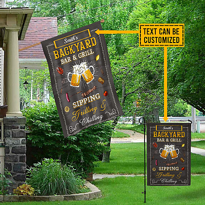 Alternative view of Personalized Backyard Bar And Grill Garden Flag - Custom Family Name Sipping Grilling Chilling BBQ Party House Flag