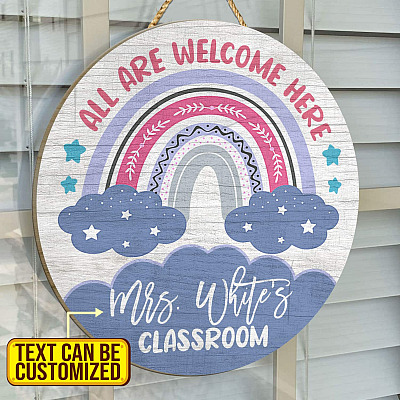 Alternative view of Personalized All Are Welcome Here Teacher Classroom Wooden Front Door Sign - Custom Teacher Welcome Sign For Front Porch
