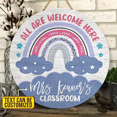 Personalized All Are Welcome Here Teacher Classroom Wooden Front Door Sign - Custom Teacher Welcome Sign For Front Porch