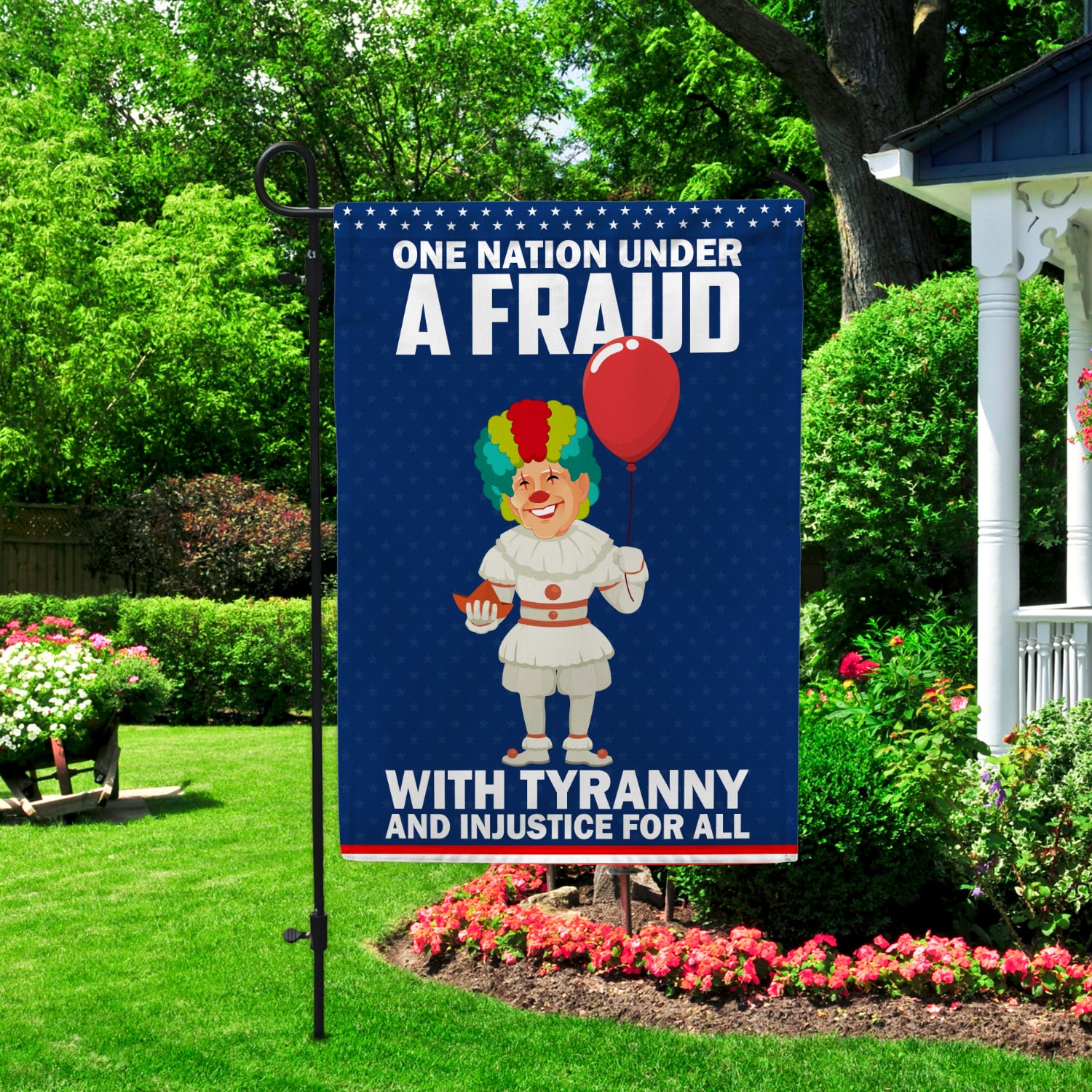 5KT. Clawn Joe Biden One Nation Fraud 30X40 Garden Flag Mockup 2