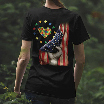 Alternative view of Autism Awareness American Heart Puzzle Print On Back T-Shirt