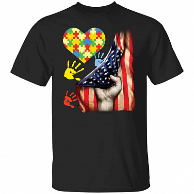 Autism Awareness American Heart, Black, Unisex T-Shirt