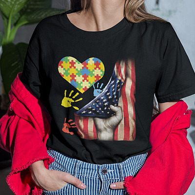 Alternative view of Autism Awareness American Flag Heart Puzzle T-Shirt