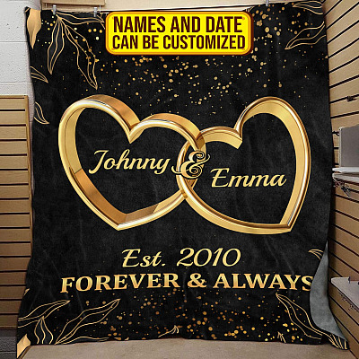 Personalized Couple Name and Date Forever and Always Wedding Ring Fleece Blanket - Woven Blanket - Mink Sherpa Blanket