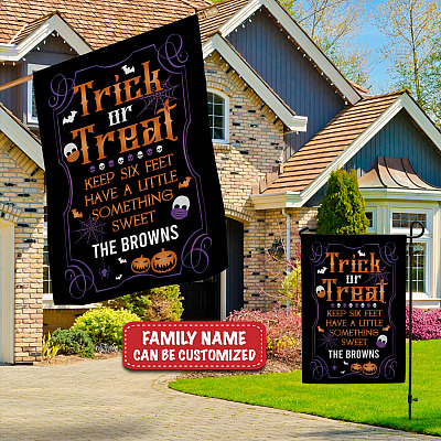 Alternative view of Personalized Family Name Trick or Treat Keep Six Feet Have a Little Something Sweet Flag-Halloween Vintage Outdoor Flag