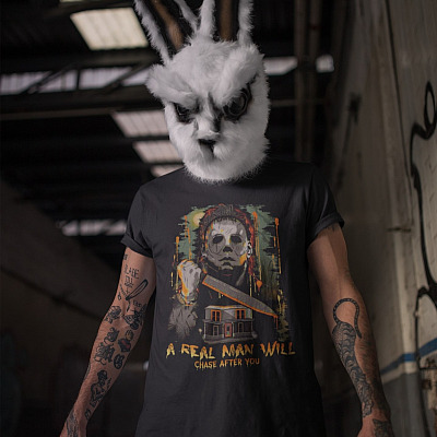 Alternative view of A Real Man Will Chase After You Funny Michael Myers Halloween T-Shirt - Funny Horror Movie Shirt