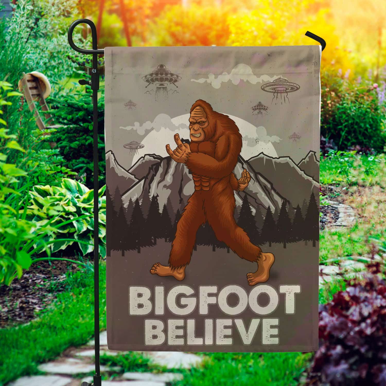 12BN. Bigfoot Believe 30X40 Garden Flag Mockup 1