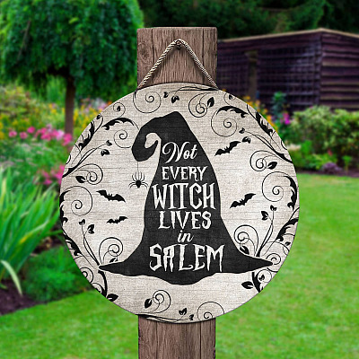Alternative view of Not Every Witch Lives In Salem Vintage Circle Wooden Door Sign - Halloween Witch Front Porch Sign