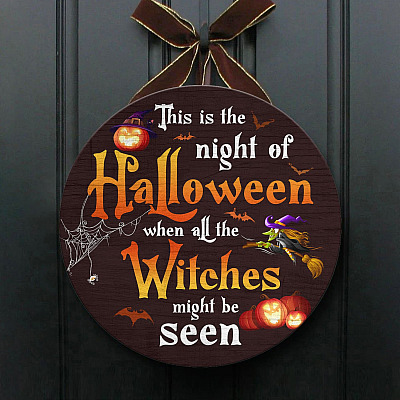 Alternative view of This Is the Night of Halloween Decorative Circle Wooden Door Sign - Happy Halloween Sign