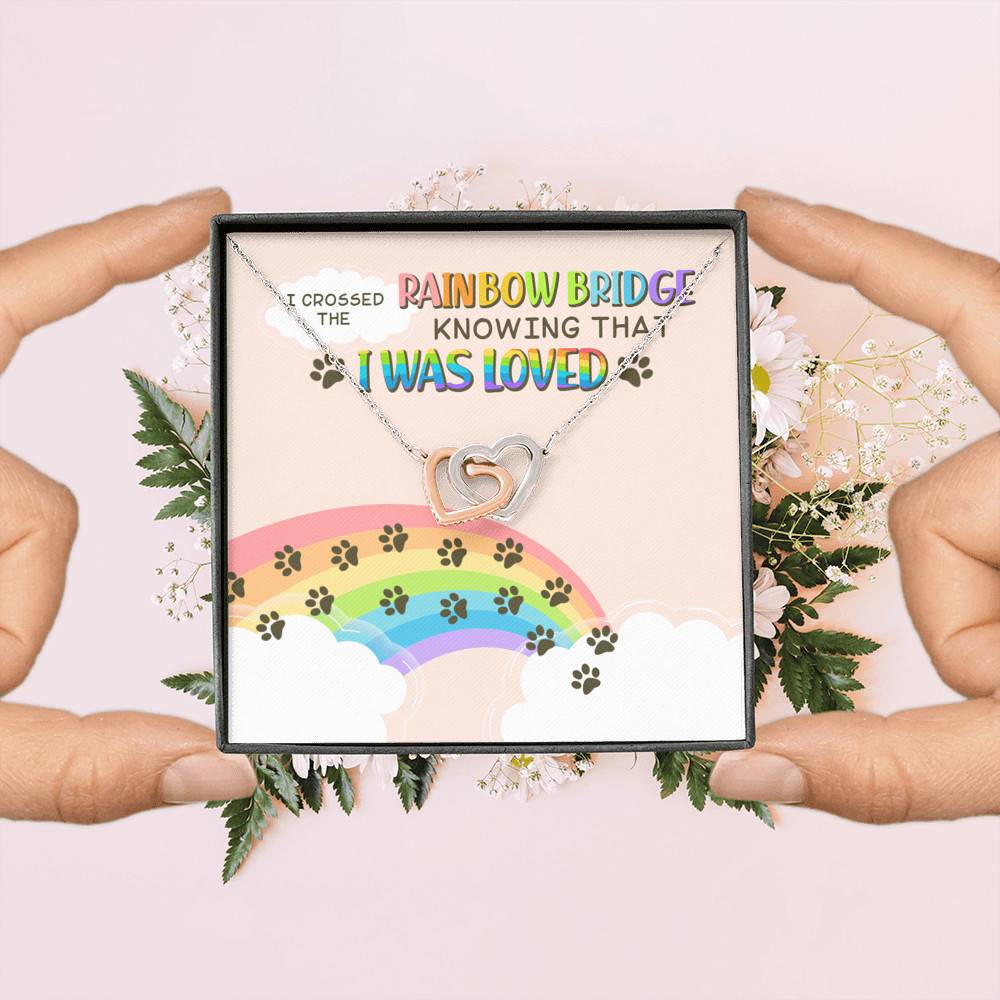 Dog Mom I Crossed the Rainbow Bridge Knowing That I Was Loved Interlocking Hearts Pendant Necklace