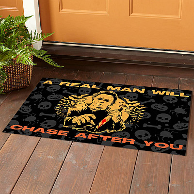 Alternative view of Michael Myers A Real Man Will Chase After You Funny Halloween 1978 Welcome Indoor Outdoor Doormat