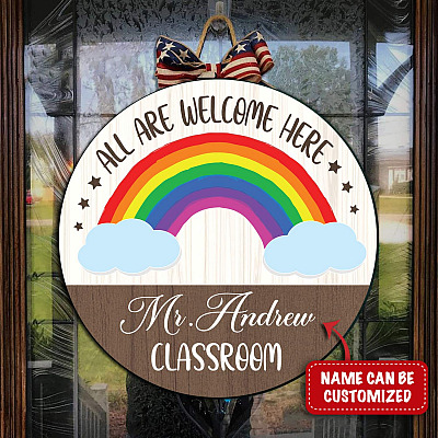 Alternative view of Custom Classroom Sign All Are Welcome Here Decorative Circle Wooden Door Sign - Front Porch Sign