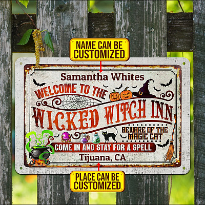 Welcome to The Wicked Witch Inn Come in And Stay for A Spell Personalized Halloween Metal Sign - Halloween Indoor Outdoor Decor