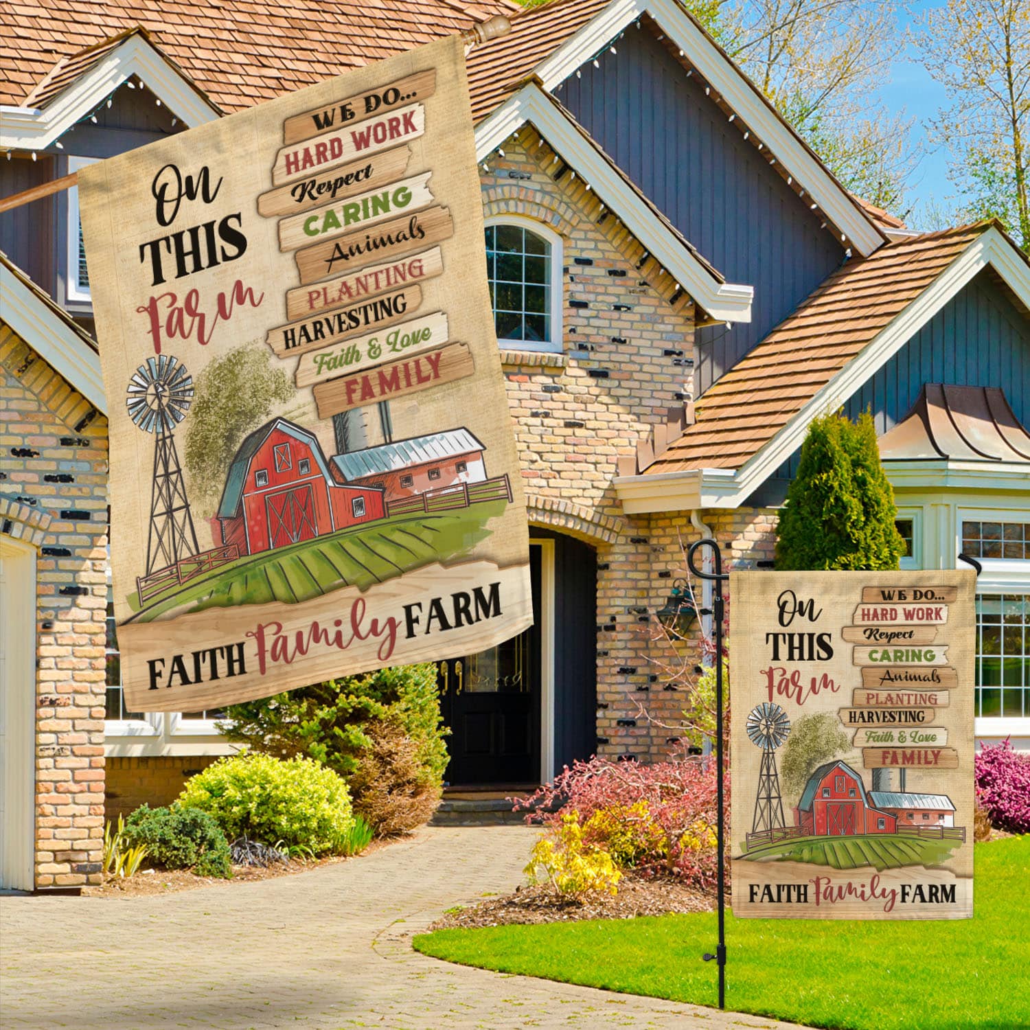 2MH. On This Farm Flag 30x40 Garden & House Mockup 3