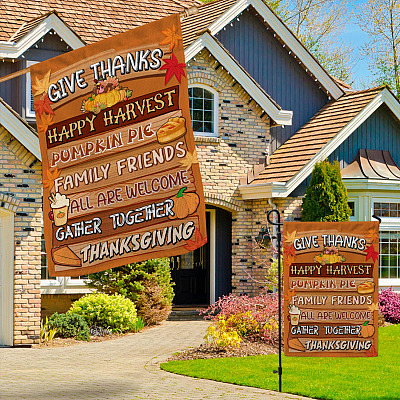Alternative view of Give-Thanks Happy Harvest Pumpkin Pie Family Friends All Are Welcome Garden Flag - Thanksgiving House Flag