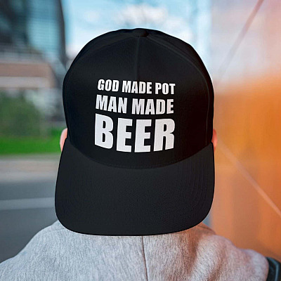 Alternative view of God Made Pot Man Made Beer Twill Cap - High-Profile Snapback Hat - Beer Lover Trucker Hat