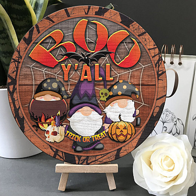 Alternative view of Boo Y'all Gnome Decorative Circle Wooden Door Sign - Front Porch Sign Indoor Outdoor Decor