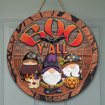 Boo Y'all Gnome Decorative Circle Wooden Door Sign - Front Porch Sign Indoor Outdoor Decor