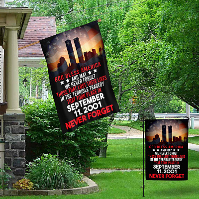 Alternative view of God Bless America and May We Never Forget September 11 2001 Decorative Garden Flag - House Flag - 9/11 Twin Tower Flag