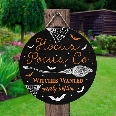 Alternative view of Hocus Pocus Co Witches Wanted Apply Within Circle Wooden Door Sign - Hocus Pocus Front Porch Sign