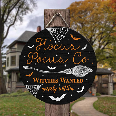 Hocus Pocus Co Witches Wanted Apply Within Circle Wooden Door Sign - Hocus Pocus Front Porch Sign