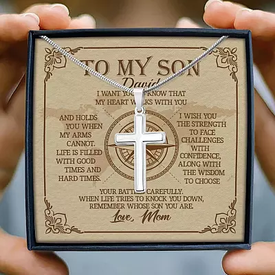 Personalized to My Son from Mom I Want You to Know That My Heart Walks with You Cross Pendant Necklace