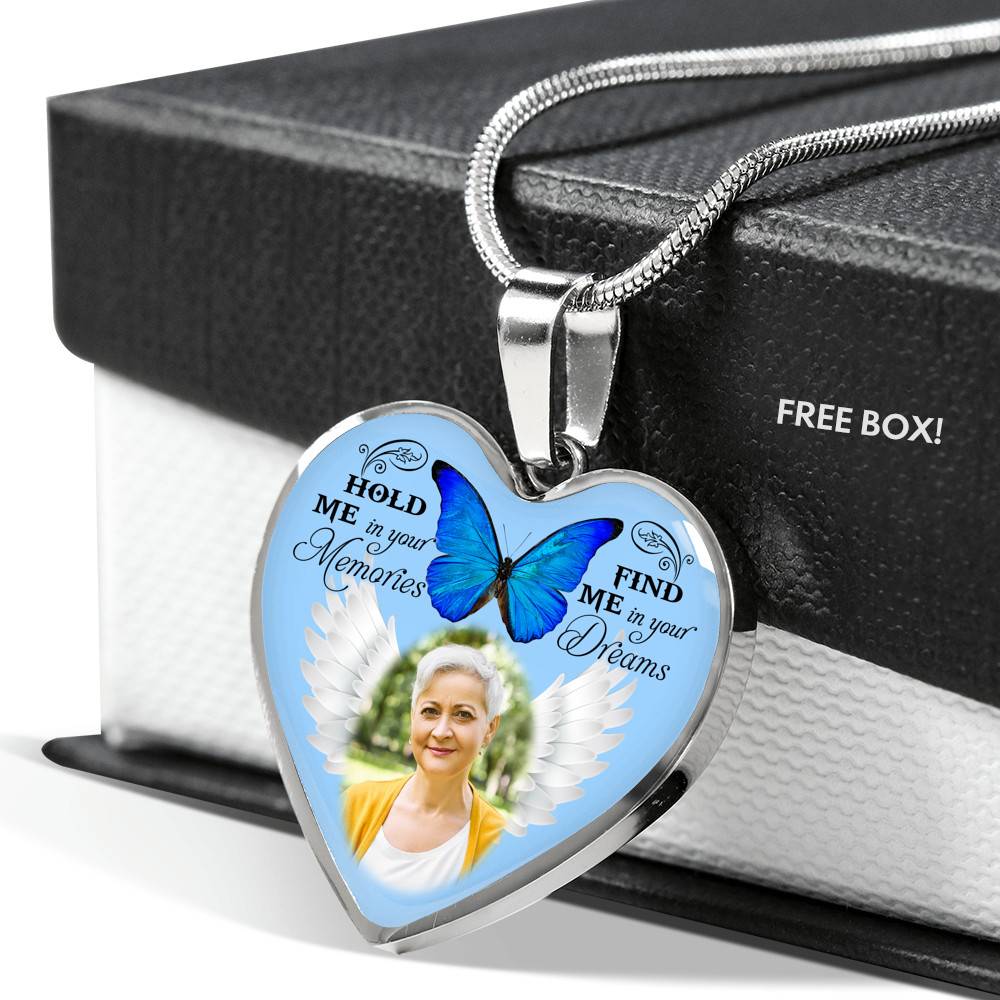 Hold Me In Your Memories Find Me In Your Dreams Personalized Photo Heart Pendant Necklace-Bangle