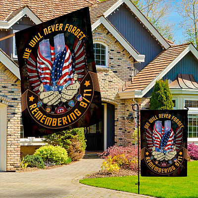 Alternative view of We Will Never Forget Remembering 9 11 First Responders Flag - 9/11 Patriot Day Garden Flag - House Flag