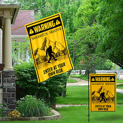 Alternative view of Bigfoot Warning Sasquatch Sighted Enter At Your Own Risk Outdoor Indoor Garden Flag - House Flag - Wall Flag