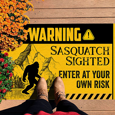 Alternative view of Bigfoot Warning Sasquatch Sighted Enter At Your Own Risk Outdoor Indoor Doormat - Funny Yeti Entry Rug